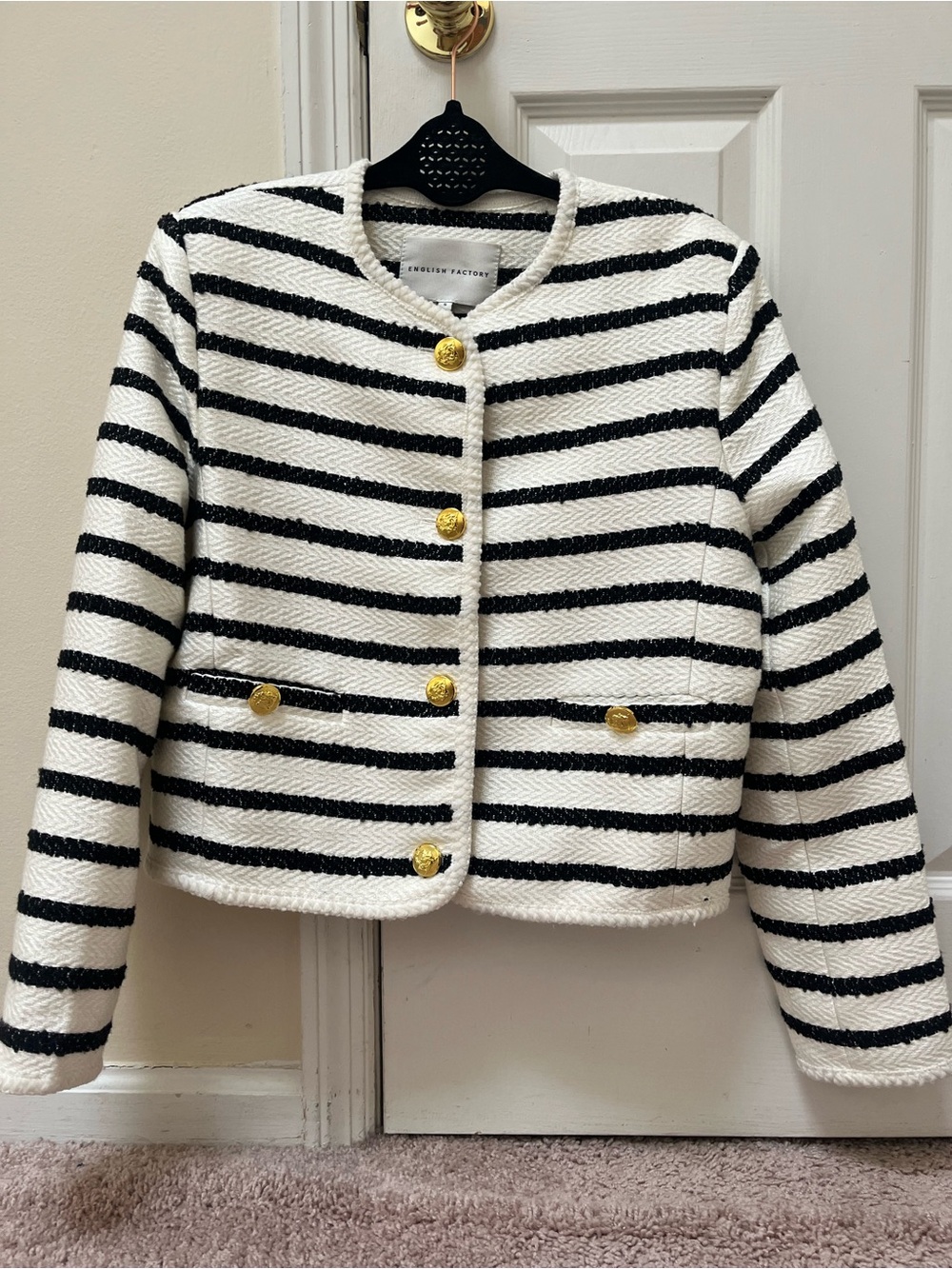 NWOT English Factory Black & White Striped Tweed Blazer with Gold Buttons